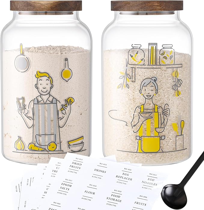 2ps Large Glass Storage jars, Flour Jars, With Airtight Bamboo Lids, Perfect For Kitchen Corners, Suitable For Storing Sugar, Coffee, Rice, and Nuts (95 FL OZ/2800 ml)