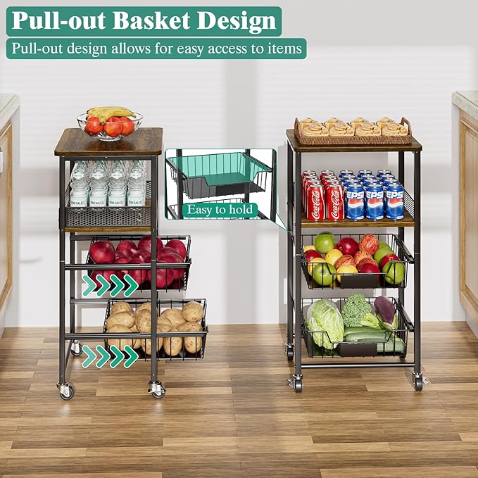 Giwil Vegetable Fruit Basket for Kitchen Pantry Organizers Storage, 4-Tier Utility Rolling Cart on Wheels with Wood Rack and Drawer Wire Baskets for Onions Potatoes Snacks, Black
