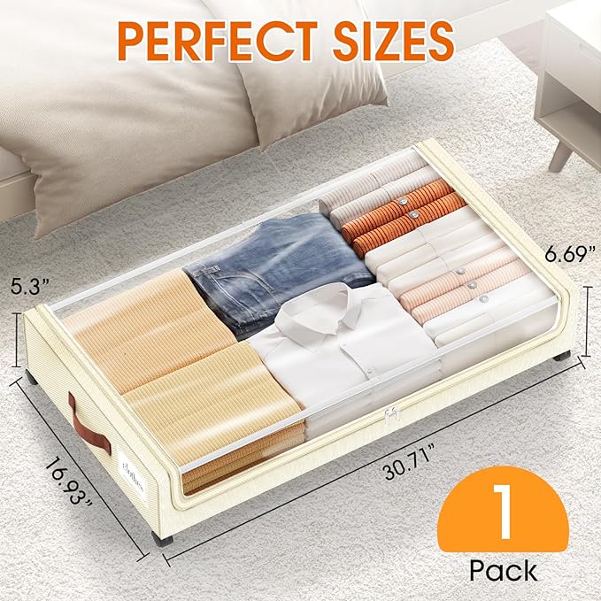 Under Bed Storage with Wheels 1Pack Underbed Storage with Clear Window&Label Under Bed Drawers Large Capacity Rolling Under Bed Storage for Clothes,Shoes, Blankets (Beige)