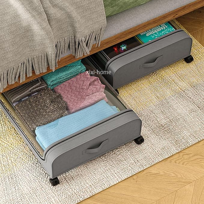 Under Bed Storage with Wheels,2 Pack Rolling Under bed Organizer Drawer with Clear Lids and Handles,UnderBed Storage Containers,Under Bed Organizer Bins for Clothes (Arc-shaped,Gray)