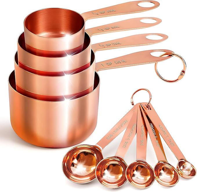 AGRUS Measuring Cups and Spoons Set of 9, Utensils for Dry and Liquid Ingredients, Copper Kitchen Accessories, Rose Copper Decor for Home, Stackable, Sturdy Stainless Steel