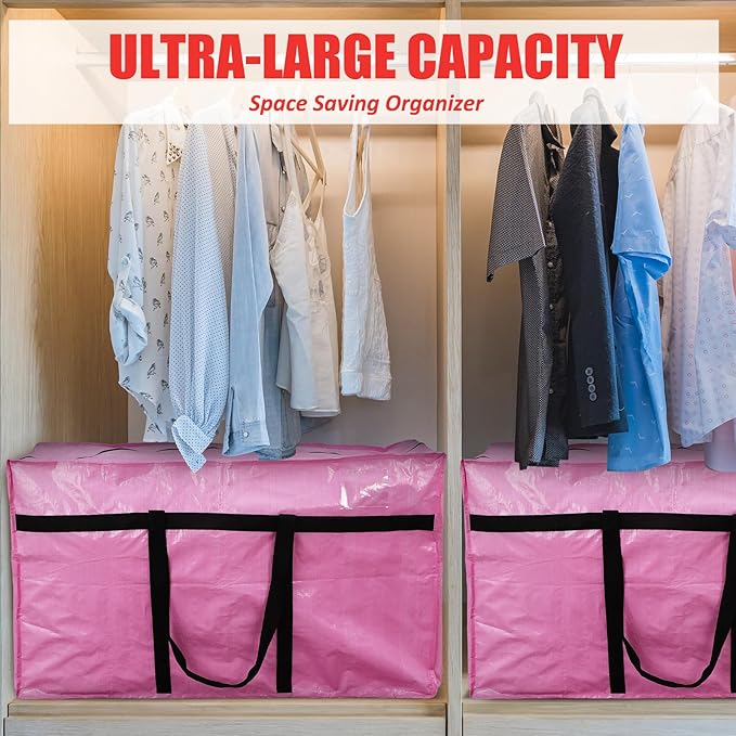 4 Pcs 66 Gallon Extra Large Moving Bags Heavy Duty Storage Bag with Strong Zipper Handle Foldable XXL Jumbo Storage Tote Packing Moving Box for College Dorm Travel Cloth Duffle (Pink)