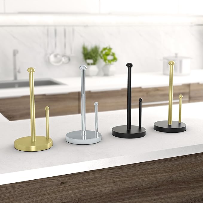Gatco 1447B Kitchen Paper Towel Stand, Brushed Brass | Countertop Solid Brass Weighted Base Paper Towel Holder Stand