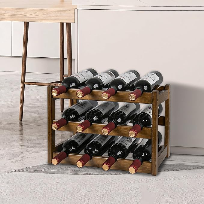 VASMIA Bamboo Wine Rack, Sturdy and Durable Wine Storage Cabinet Shelf, Wine Racks Countertop for Pantry,Kitchen,3-Tier 12 Bottles Wine Rack, Walnut