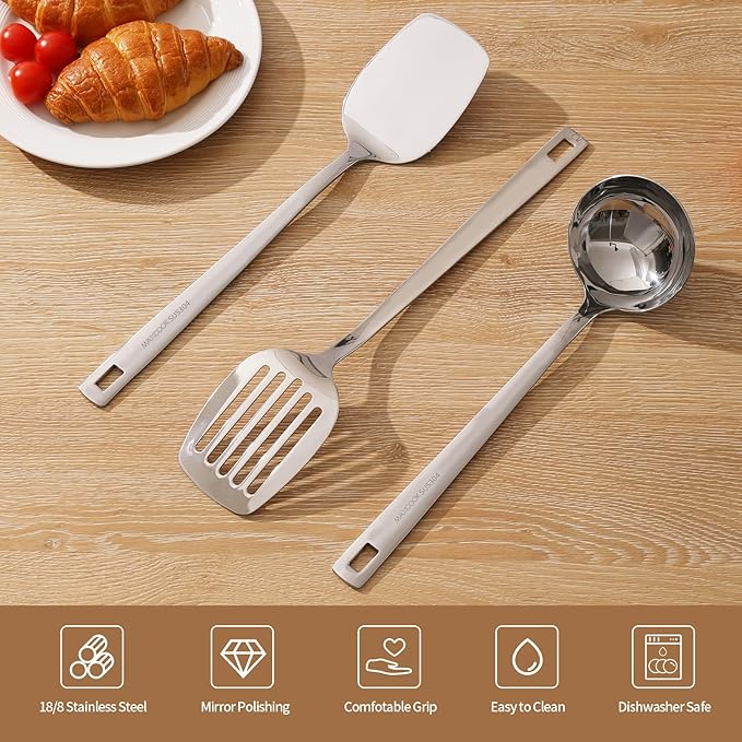 MAXCOOK Wok Spatula Set, 18/8 Stainless Steel Kitchen Cooking Utensils Spoon set, 3 Pieces Spatula Set for Kitchen Cooking