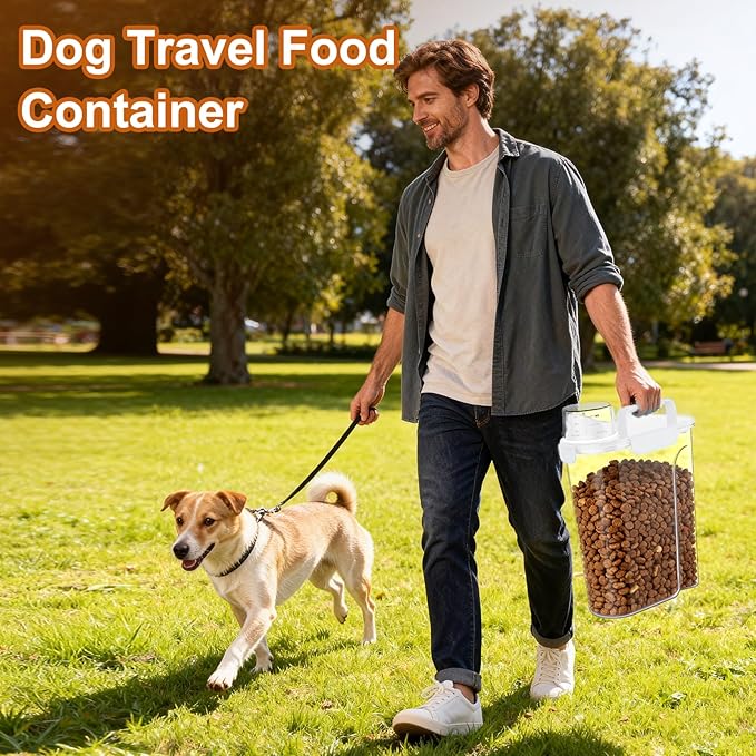Dog Cat Food Storage Container, 5-7Lbs Pet Food Containers, Airtight Cat Food Container with Portable Handle & Measuring Cup, Small Animal Dry Food Dispenser for Dogs, Cats and Birds White