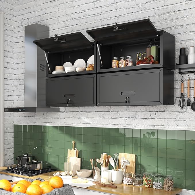 BIZOEIRON Garage Wall Cabinet with Flip-Up Door, Lockable Metal Storage Cabinet Wall Mounted, Hanging Tool Cabinet for Garage Basement Utility Room, Black