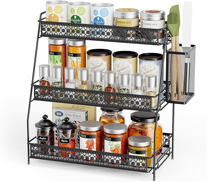 SILUB Vintage 3 Tier Spice Rack Organizer for Kitchen Counter, Bathroom Counter Organizer with Bonus Basket, 3 Tier Bathroom Counter Organizer for Spices Makeup Perfumes, Retro Countertop Organizer