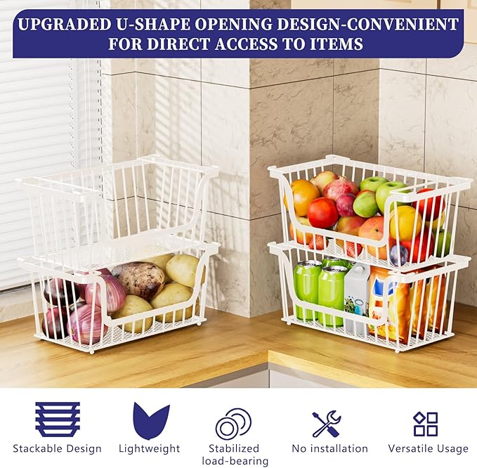 6 Pack Enhanced Leak-Proof Bottom Stackable Wire Baskets, Pantry Organizers and Storage, pantry storage，Shelf Baskets, Fruit Basket, Potato and Onion Storage Bins，(White)