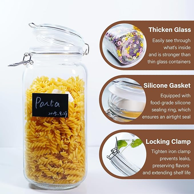 Large Glass Jars with Airtight Clamp Lid 78 OZ, 3 Pack Food Storage Jars Set – Thick Glass Canisters with Silicone Seal, Labels & Marker for Flour, Sugar, Coffee, Pasta, Pantry Organization