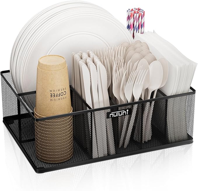 NUTUNI Paper Plate Organizer for Countertop, Metal Silverware Caddy for Plastic Spoon, Napkin, Utensils Holder with 6 Compartments for Party, Camping, Picnic, BBQ