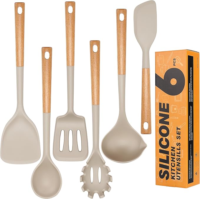 Hvygss Silicone Cooking Utensils Set, Heat Resistance Large Kitchen Utensils Set with Long Wooden Handle, BPA-free Silicone Spatula, 6 Pcs Cooking Spoons for Non Stick Frying Pans and Pots(Khaki）