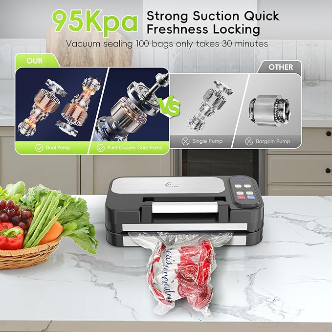 95kpa Vacuum Sealer for Food, 125W Commercial Food Saver Vacuum Sealer Machine, 10-in-1 Compact Meat Vacuum Packing Machine with Bags Storage, Built-in Cutter, Easy-Lock Handle, Stainless Steel