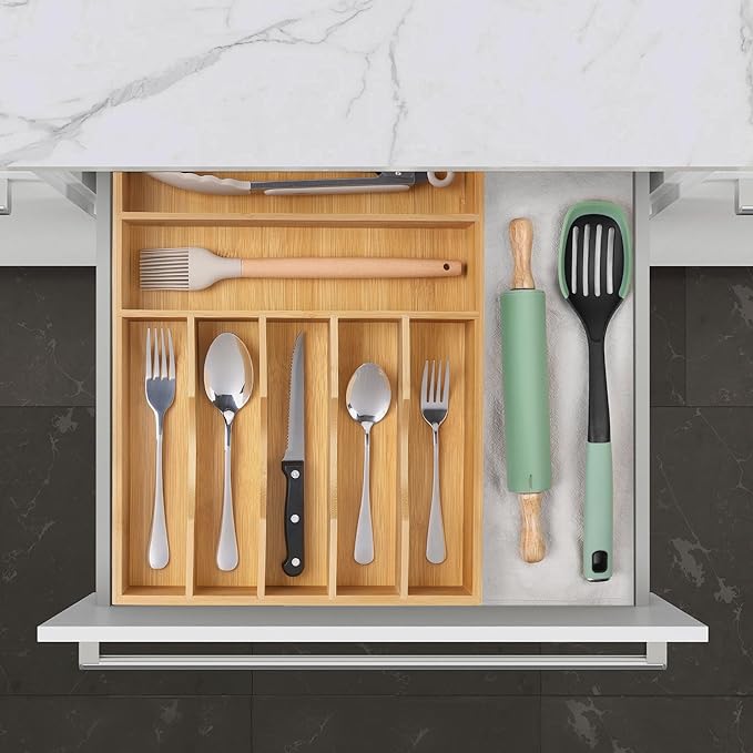 oridom Kitchen Bamboo Silverware Organizer, Kitchen Drawer Organizer - Utensil Holder and Cutlery Tray with Grooved Drawer Dividers for Flatware 7 Slot, Natural