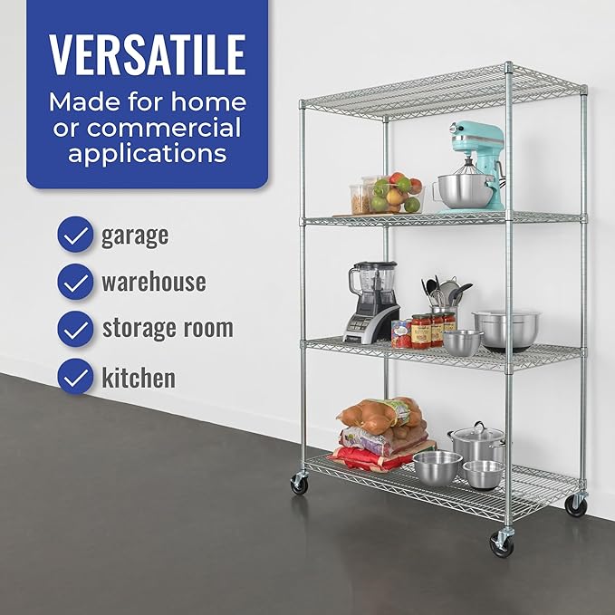 SafeRacks - NSF Certified Storage Shelves, Zinc, Heavy Duty Steel Wire Unit with Wheels and Adjustable Feet, Garage or Bakers Rack, Kitchen, Pantry Shelf - (24"x48"x72" 4-Tier) (Silver)