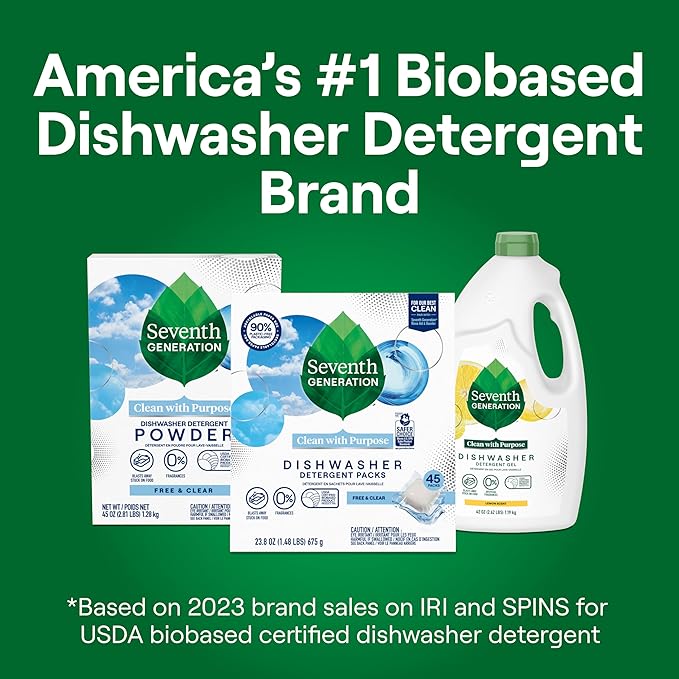 Seventh Generation Dishwasher Detergent Packs Free & Clear Pack of 6 for sparkling dishes Dishwasher tabs, 20 count