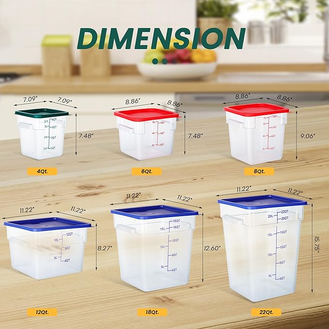 4 Pack 12 Quart Food Storage Containers with Lids, Polycarbonate Square Commercial Food Containers, NSF, Clear, New Version