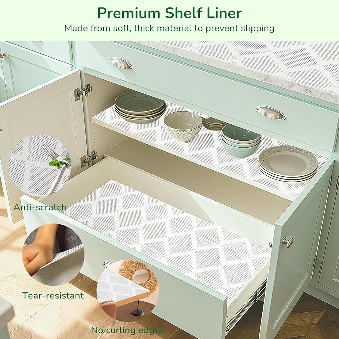 Shelf and Drawer Liners for Kitchen Cabinets Non-Adhesive 12" x20FT, Non-Slip Cabinet Liner, Waterproof Shelf Paper Thickened Washable Mats, Protection for Shelves, Cupboard, Pantry, Drawers, Dresser