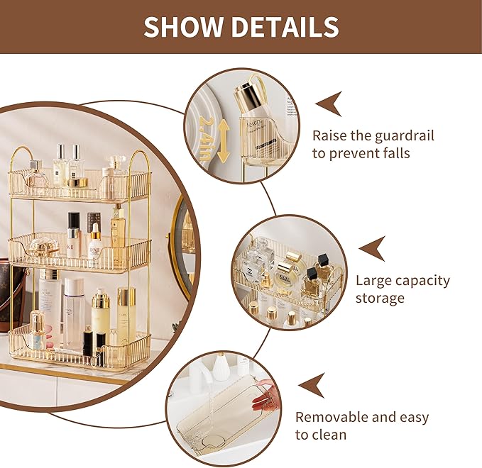 akinbas 3 Tier Bathroom Organizer Countertop Makeup Perfume Tray Skincare Organizer for Bathroom Dresser Vanity (Gold)