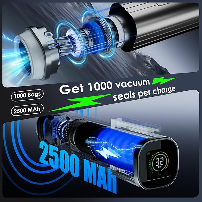 Elxis Vacuum Sealer, Portable handheld Vacuum Sealer + 30 Reusable Vacuum Bags, Portable Food Sealer, With LED pressure display, 2-Speed Pressure Control (60/80 Kpa)