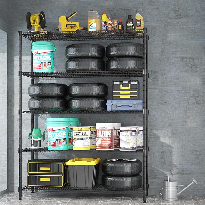 Homdox Heavy Duty Storage Shelves, 5 Tier Wire Shelving Unit with Wheels, Commercial Adjustable Metal Shelves for Storage, Garage Rack Pantry Shelves Kitchen Shelving, 24"x60"x82", Black
