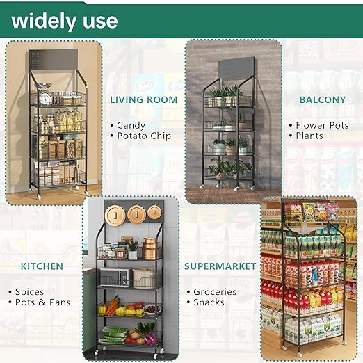 Retail Candy Snack Display Rack, 4-Tier White Metal Storage Shelf Brackets with Wheels & Hooks Multifunctional, Home Theater Concession Stand Snack Shelf Organizer for Pantry Kitchen, White