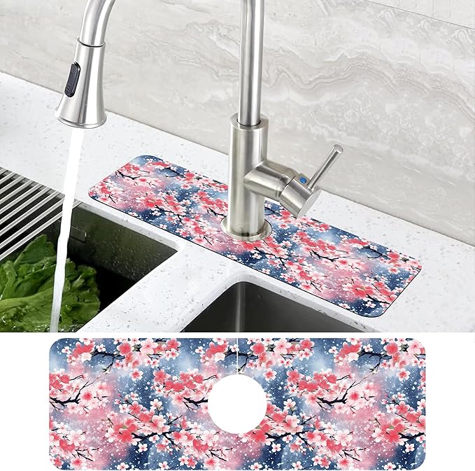 Japanese Pink Cherry Blossoms Dish Drying Mat for Kitchen Sink Splash Guard Behind Faucet Sink Mat Absorbent Fast Drying Faucet Draining Mat for Bathroom Kitchen 5.5"×15"