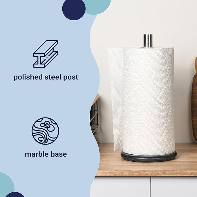 happimess PRH2000A Avery Modern Classic Metal with Non Slip Weighted Marble Base Paper Towel Holder, for Bathroom Kitchen Countertop, Standard or Jumbo-Sized Roll Paper, Black/Chrome