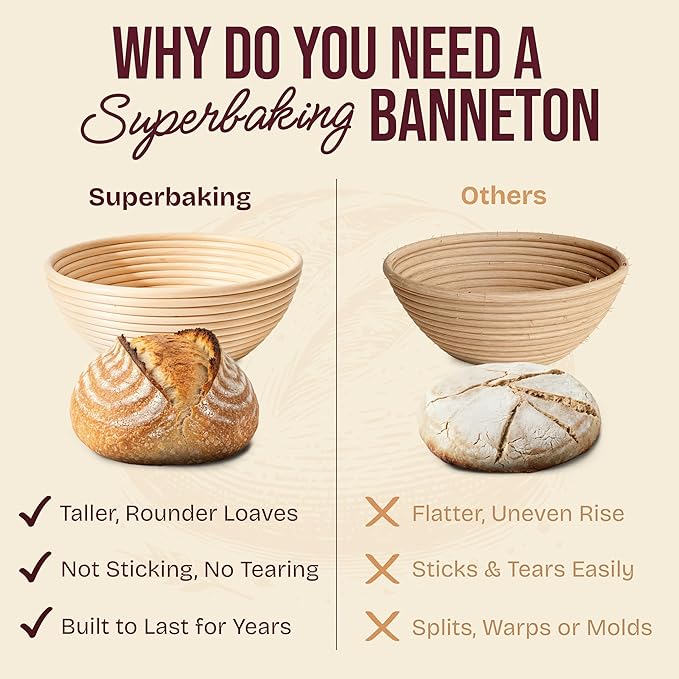 Superbaking Banneton Bread Proofing Basket Set with Silicone Dough Sling, 9" Splinter-Free Proofing Basket, Non-Stick Dutch Oven Liner, Sourdough Starter Kit, Sourdough Bread Baking Supplies & Tools