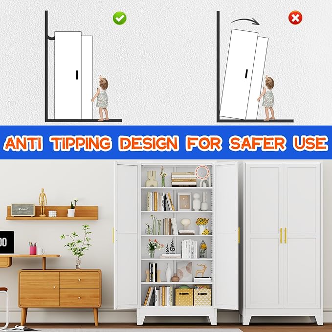 75.2" Tall Metal Storage Cabinet with 2 Doors and 5 Adjustable Shelves, New upgrade Kitchen Pantry Cabinet, White Freestanding Cupboard, 6 Tier Steel Storage for Office, Kitchen, Dining, Garage