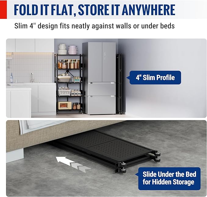 WORKPRO 5-Tier Folding Shelf, No-Assembly Metal Storage Rack with Wheels, 750 lbs Capacity (with Leveling Feet), Collapsible Shelving Unit for Kitchen, Pantry, Bathroom & Closet Organization