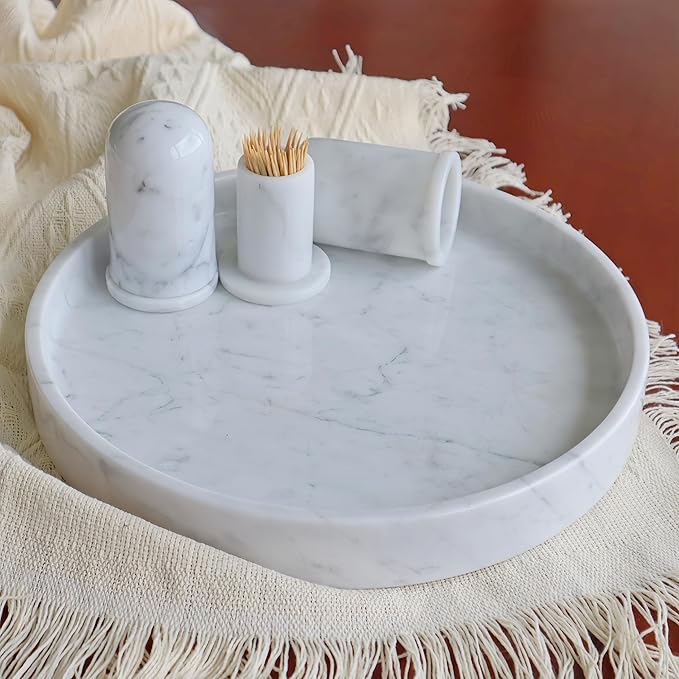 Apasqro Carrara White Marble Tray Round 10 Inch, Natural Stone Perfume & Dessert Tray, Elegant Serving & Display Plate for Home, Vanity, 2 cm Deep, Non-Slip Base
