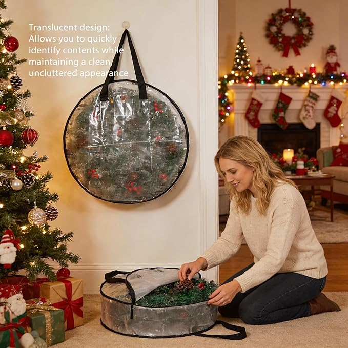 2 Pack Clear Christmas Wreath Storage Bags 24 Inch - Waterproof Oxford Wreath Container with Dual Zipper and Reinforced Handles for Artificial Wreath, Garland and Holiday Decor Organization