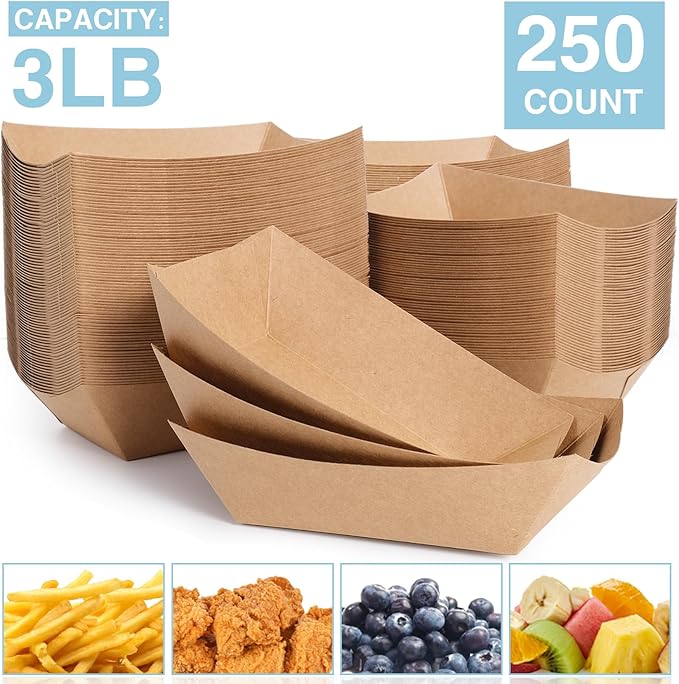 FGCHEEF 3lb Paper Food Trays, 250 Pack Disposable Paper Food Boat Serving Boats for French Fries Nachos Snack Hot Dog Taco BBQ Popcorn Bachelor Party Picnic