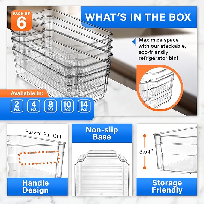 6-Piece Stackable Refrigerator Bin Organizer Set with Easy Grip Handles - Clear Multi-Purpose Storage Bins for Fridge and Pantry Use