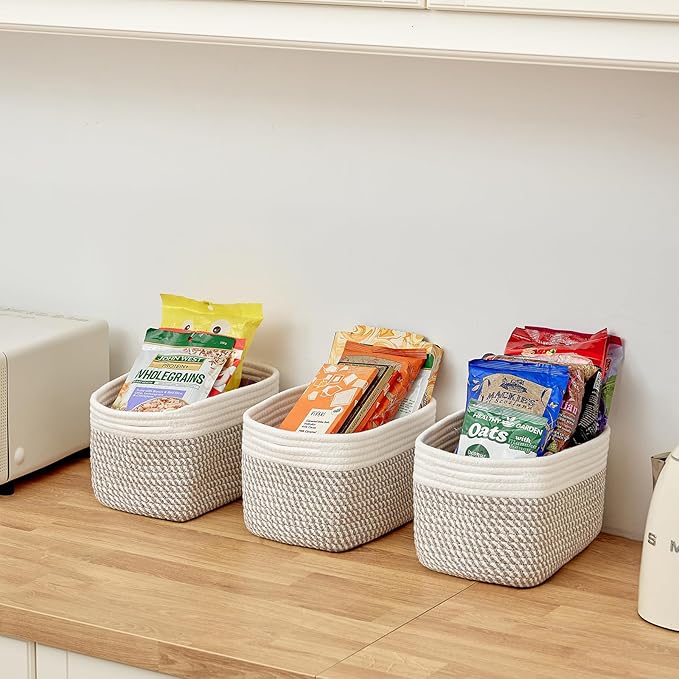 R RUNKA Small Cotton Rope Basket – Storage Bin for Organizing (10.6" x 6.7" x 6.7"), Bathroom Storage Basket for Shelf, Counter & Closet（White & Mixed Grey）
