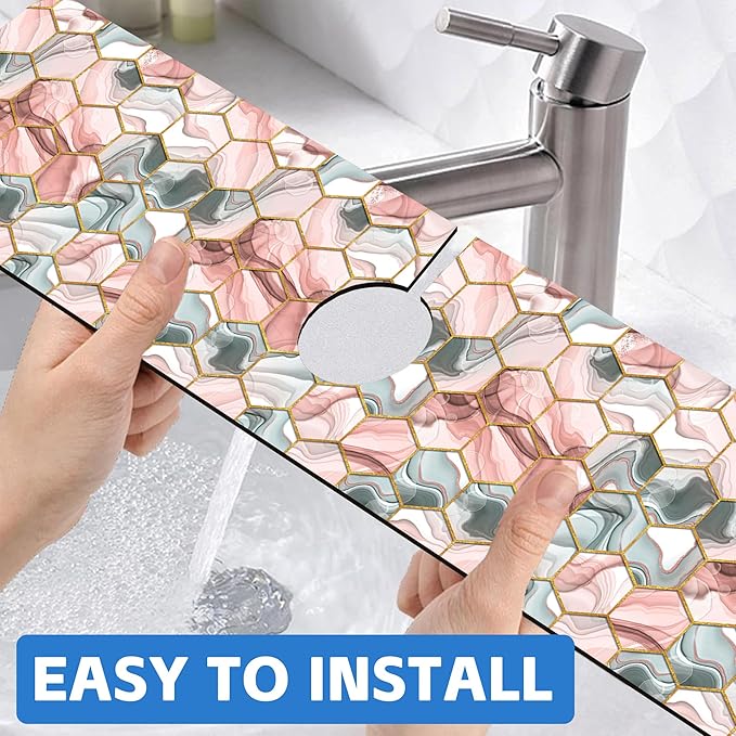 Abstract Gray and Red Hexagon Sink Faucet Absorbing Mat Sink Splash Guard Faucet Mat Draining Mat Fast Drying Sink Protectors for Kitchen and Bathroom 5.5"×24"