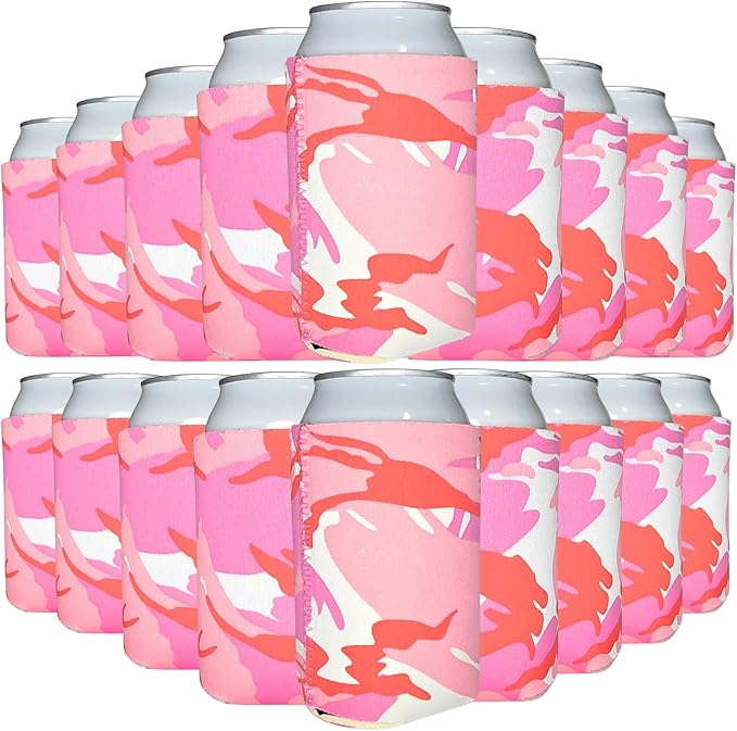 TahoeBay Neoprene Can Cooler Sleeves (50-Pack) Bulk Blank Sublimation Blanks for Vinyl Regular Size Plain Beer Coolers for Soda Cans & Bottles Black, White, Solid Color Set (Pink Camo)
