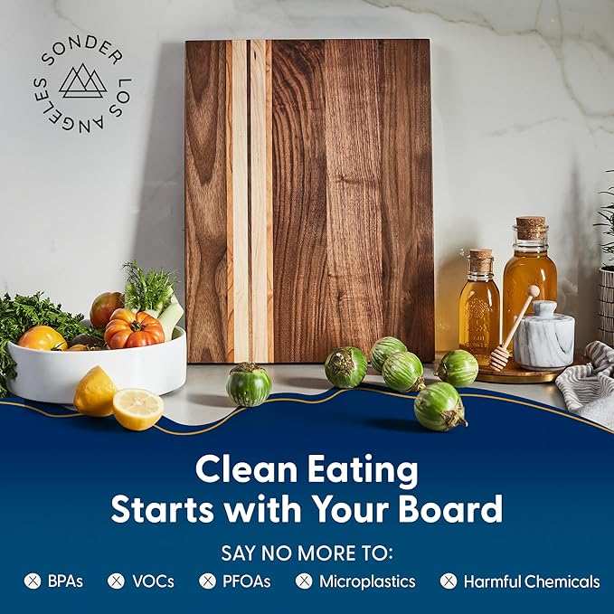 Sonder Los Angeles Motley Cutting Board | Reversible Walnut, Cherry, & Maple Edge Grain Cutting Board for Kitchen with Crackerwell for Charcuterie | Gift Box Included | 17x13x1.1 in