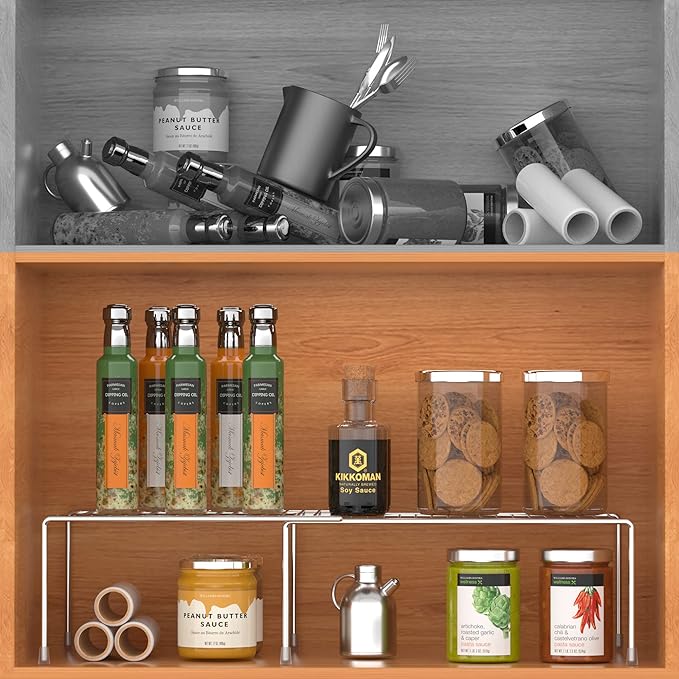 Redrubbit Cabinet Storage Shelf Rack, Expandable Metal Rustproof Kitchen Counter and Cabinet Shelf, Storage Rack Organizer Space Saver for Kitchen, Fridge, Cabinet, Bathroom, Chrome, Set of 6