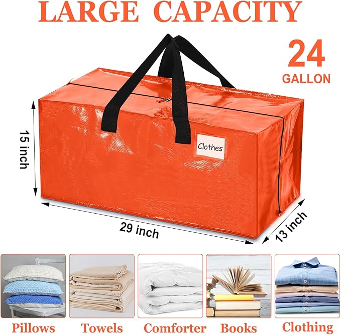 4 Pcs 24 Gallon Extra Large Moving Bags Heavy Duty Storage Bag with Strong Zipper Handle Foldable XXL Jumbo Storage Tote Packing Moving Box for College Dorm Travel Cloth Duffle (Orange)