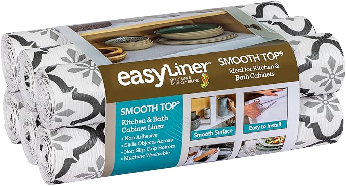 Smooth Top EasyLiner for Cabinets & Drawers - Easy to Install & Cut to Fit - Shelf Paper & Drawer Liner Non Adhesive - Non Slip Shelf Liner - 20in. x 6ft. - 6 Roll Project Pack - Gray Quatrefloral