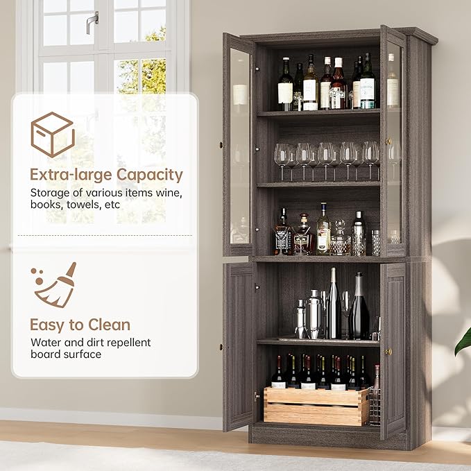 LotaTools 71" Kitchen Pantry Cabinet with Glass Doors, Modern Coffee Bar Storage Cabinet with Adjustable Shelves & Wooden Doors, Freestanding Cupboard for Dining Room or Living Room, Vintage Brown