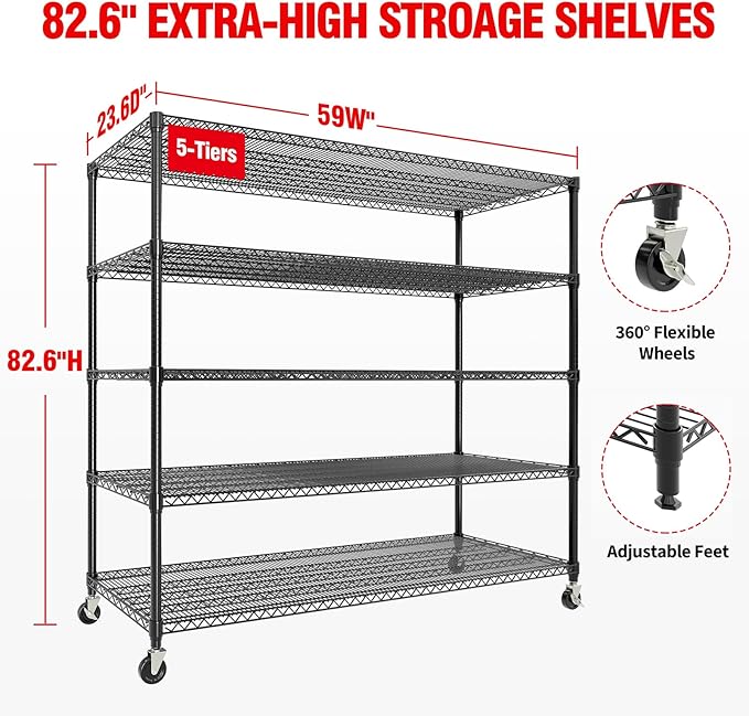 82" H Storage Shelves with Wheels, 5-Tier Metal Shelving Unit Load 3300LBS Capacity, Adjustable Wire Shelf Rack w/Feets, Heavy Duty Storage Shelving for Garage Pantry Rooms, 59" W X 24" D