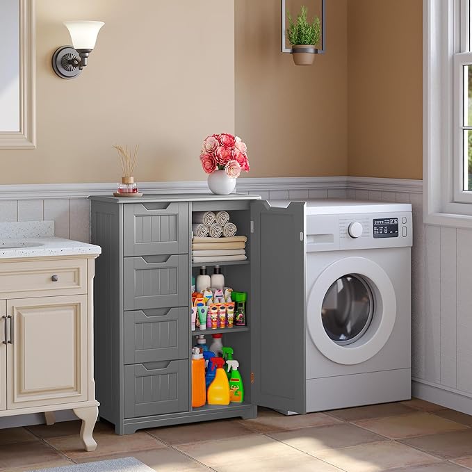 Gizoon Small Pantry with Door and Shelves, 33'' Kitchen Pantry Cabinet Freestanding Wooden Bathroom Storage Cabinet with 4 Drawers for Kitchen and Dining Room, Gray
