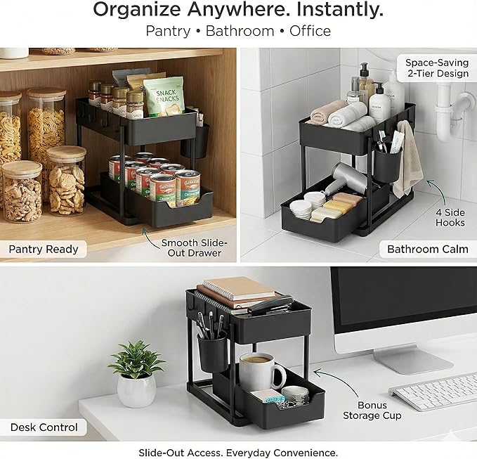Under Sink Organizer – 2 Tier Sliding cabinet organizer with 4 Hooks & 1 Cup | Multi-Purpose Space Saving Shelf for under kitchen sink storage, Countertop, Bathroom, Pantry & Office Organization