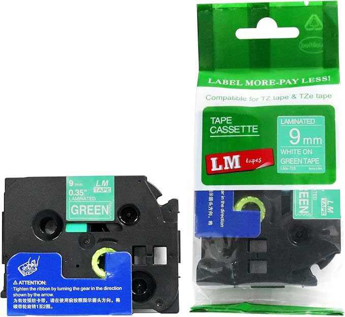 1/Pack LM Tapes - LMe725 Premium 3/8" White Print on Green Label Compatible with P-Touch TZe-725 Tape and Includes Tape Color/Size Guide. Replaces TZ-725 9mm 0.35 Laminated.