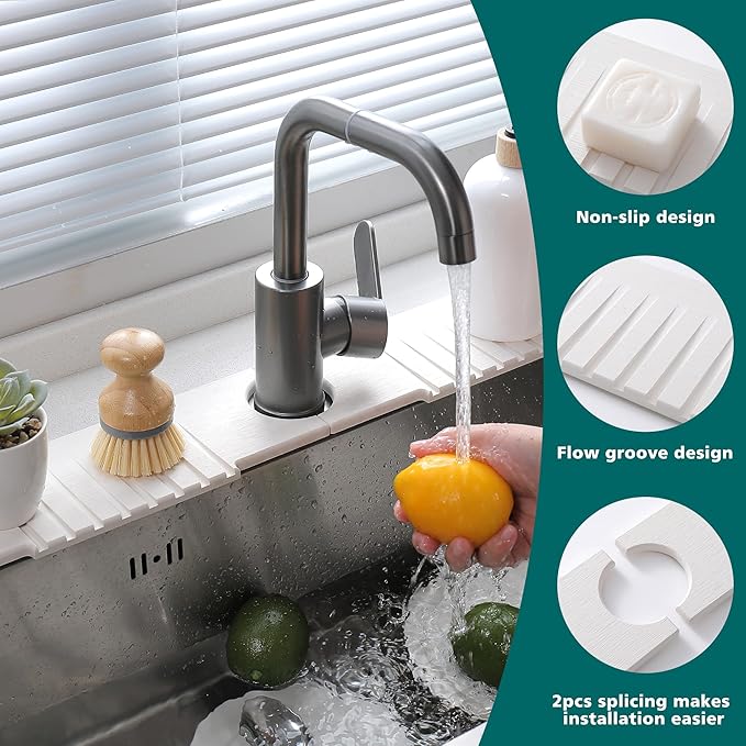 Stone Faucet Mat for Kitchen Sink,Stone Sink Mat for Kitchen Faucet – Fast Drying Diatomite Mat Splash Guard with Drain Grooves,Quick Dry Drip Catcher for Bathroom & Kitchen(15.75×3.94in)