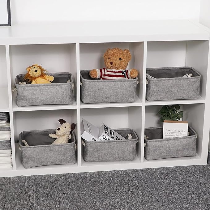 HNZIGE Small Baskets for Shelves(6pack) Fabric Storage Baskets, Empty Gift Baskets with Rope Handles, Decorative Foldable Storage Baskets for Organizing Home Closet Office (Gray, 11.8" x 7.8" x 5.1")