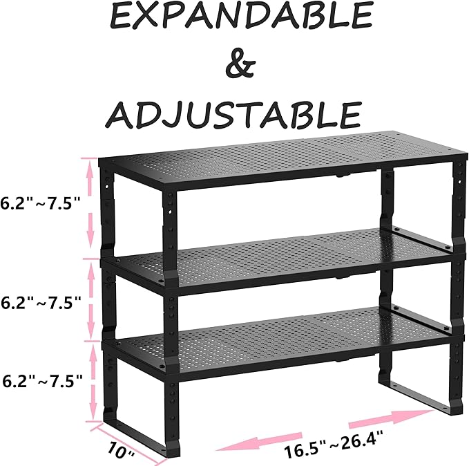Asiingkel Metal Stackable Expandable Storage Shelf - Multi-Functional Home Storage Shelf, Suitable for Kitchen, Cabinet，Bathroom, Office, Garage, etc.（3PACKS/Black/Large